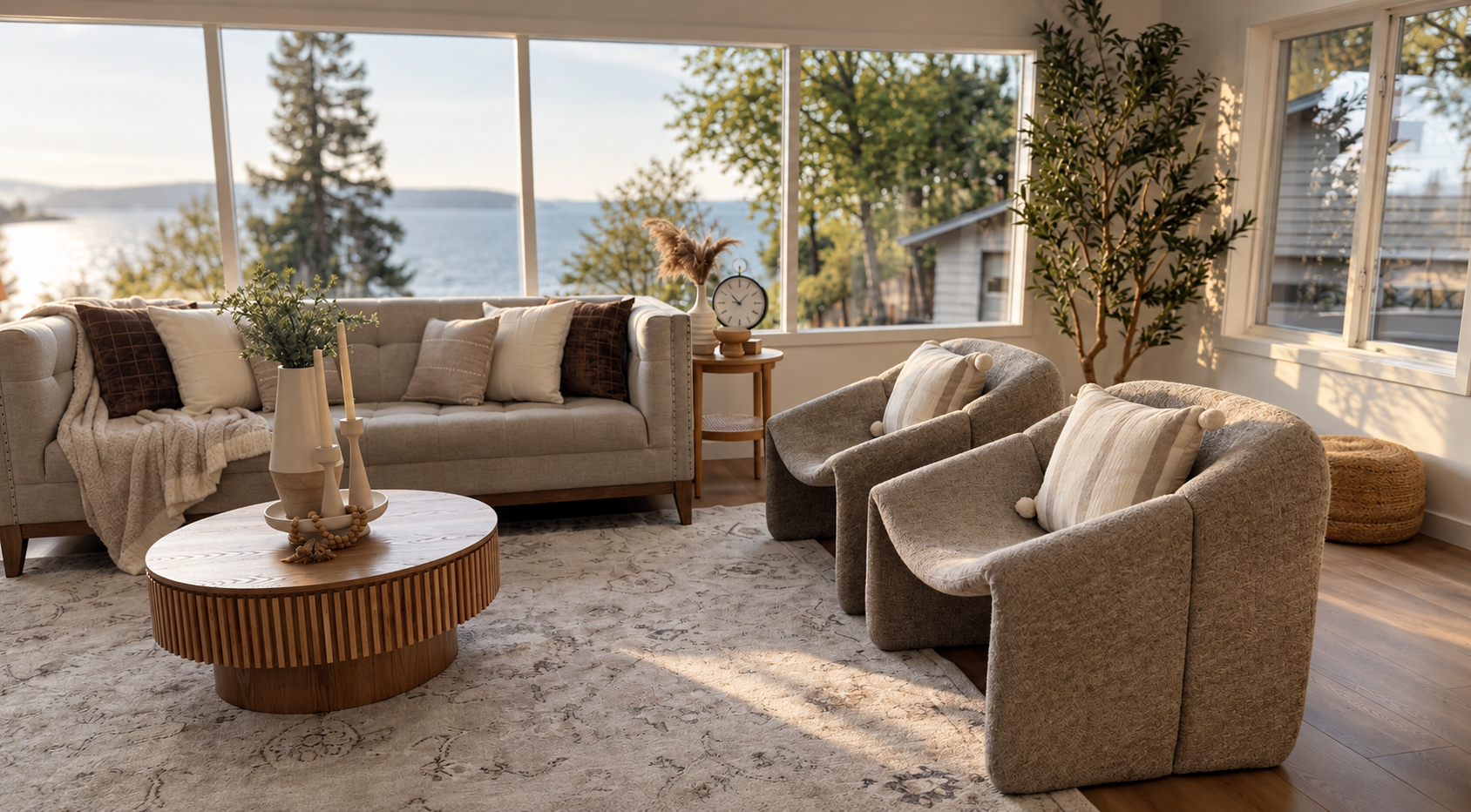 Inviting neutral sitting room overlooking the lake